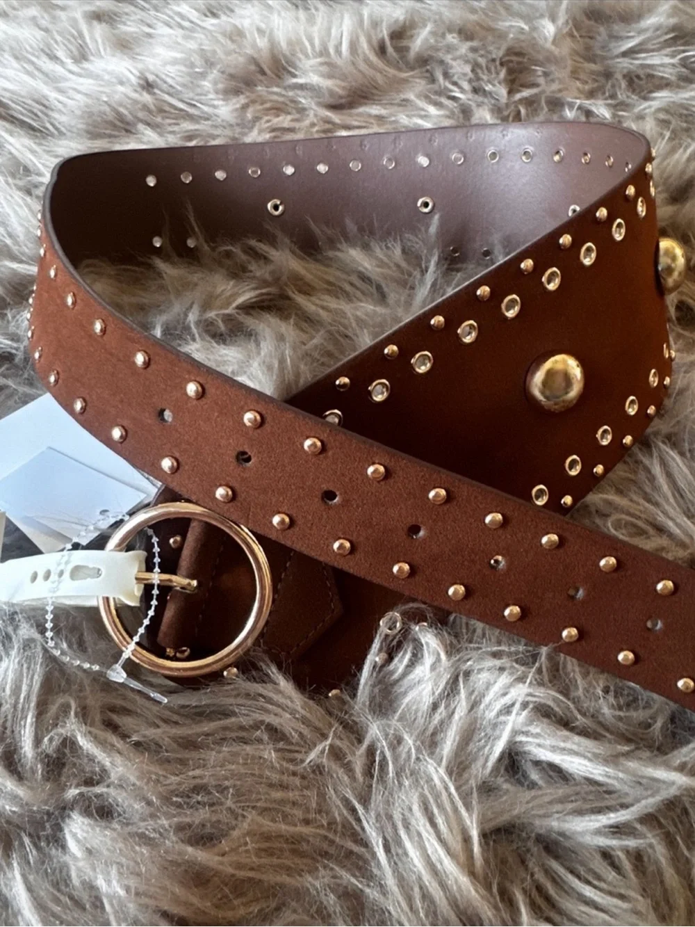 Tan faux suede western belt chunky gold studs chic cowgirl wide belt rare